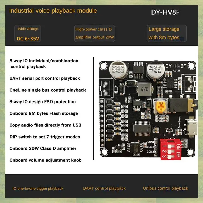 Módulo de reproducción de voz N15R-2X DY-HV8F, Control de puerto serie de disparador de 12V/24V, 10W/20W con reproductor MP3 de almacenamiento Flash de 8MB