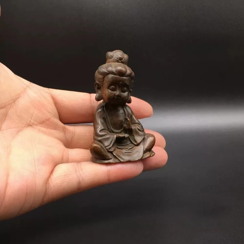 Solid Brass Patina Mini Guanyin Statue Small Buddha Figurine Tea Pet Home Desk Zen Gift
