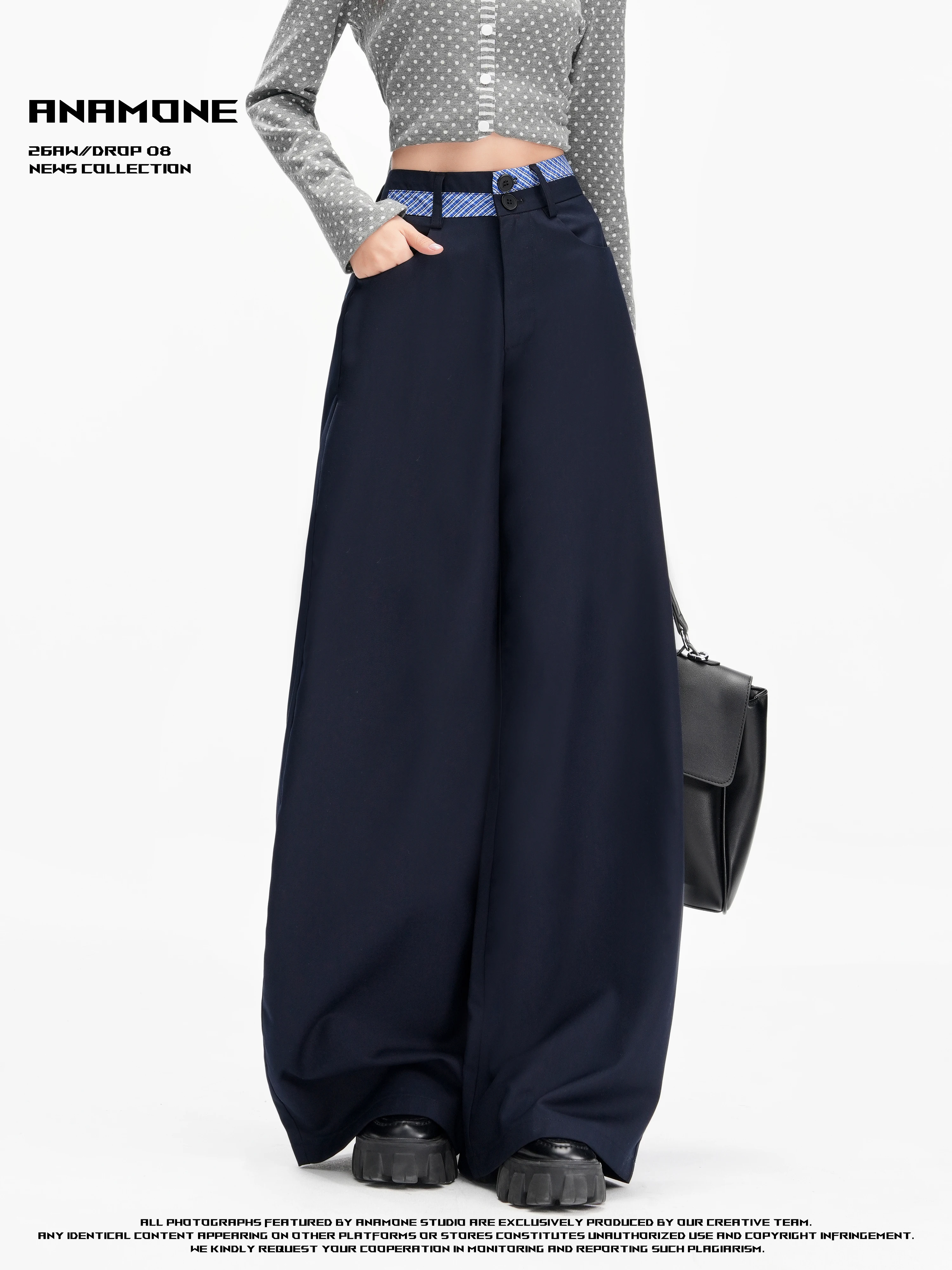 Pantalones de Traje Casuales de Pierna Ancha y Cintura Alta ANAMONE para Mujer, Holgados, con Caída, Efecto Adelgazante, Colo...