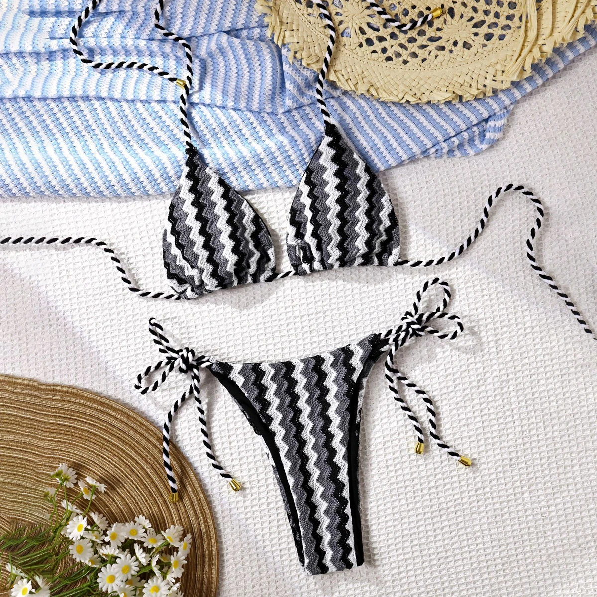 

Вязаное крючком бикини с лямкой на шее 2026, полосатое вязаное бикини, женские купальники, сексуальный женский купальник, бразильский бикини, бандажный купальный костюм