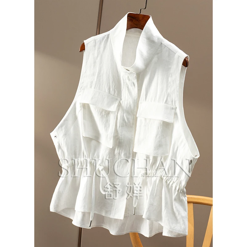 100% Linen Safari Style Drawstring Waist Stand-up Collar Vest Jacket Female 27C2 Vest Women Casaco Feminino