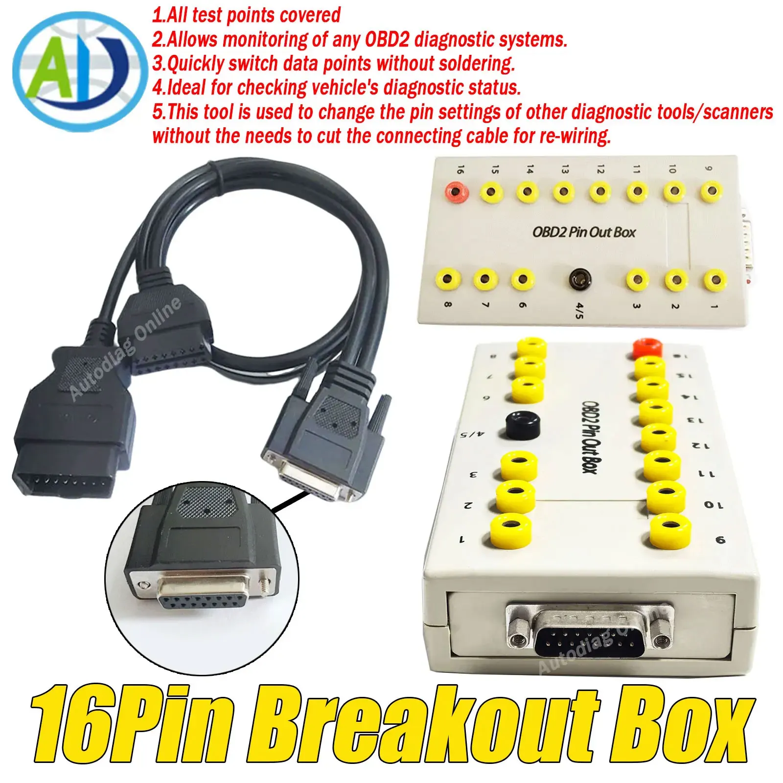 OBD2 Breakout Box Tool 16Pin OBD2 Car Protocol Detector with Diagnostic Connector Cable Auto Can Test Out Box Diagnostic Tester