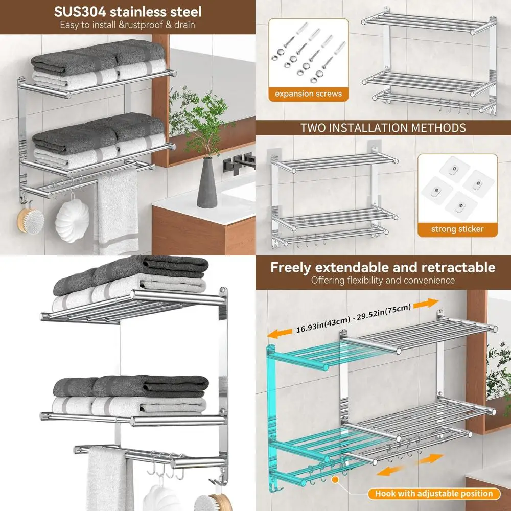 

Expandable 2-Tier Stainless Steel Towel Rack with Shelf and Bar, 16.9-28 Inches, Rust-Resistant, Wall or Adhesive Mount