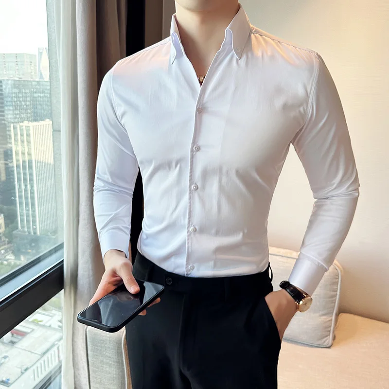 Korean Black White High Quality Solid Color Long Sleeve Shirt Men Business Slim Fit Casual Shirts Formal Office Social Party Top