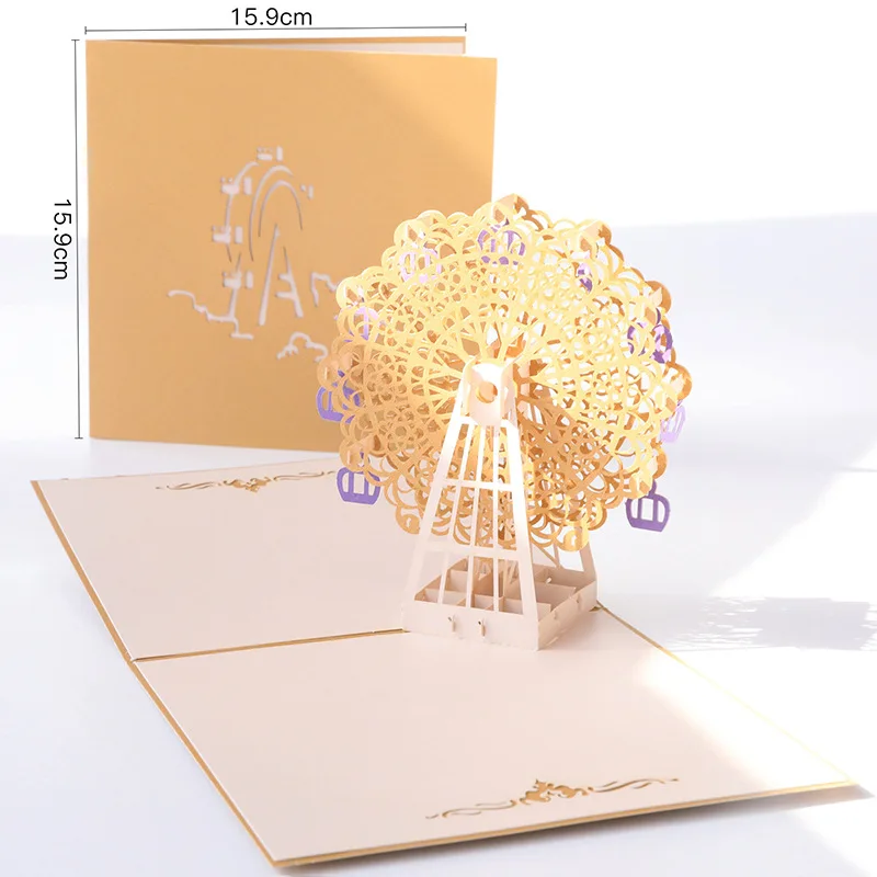

3D PopUp Windmill Greeting Paper Card Ferris Wheel Handmade Children Blessing Engraved Postcard Birthday Guest Gift Love Letter