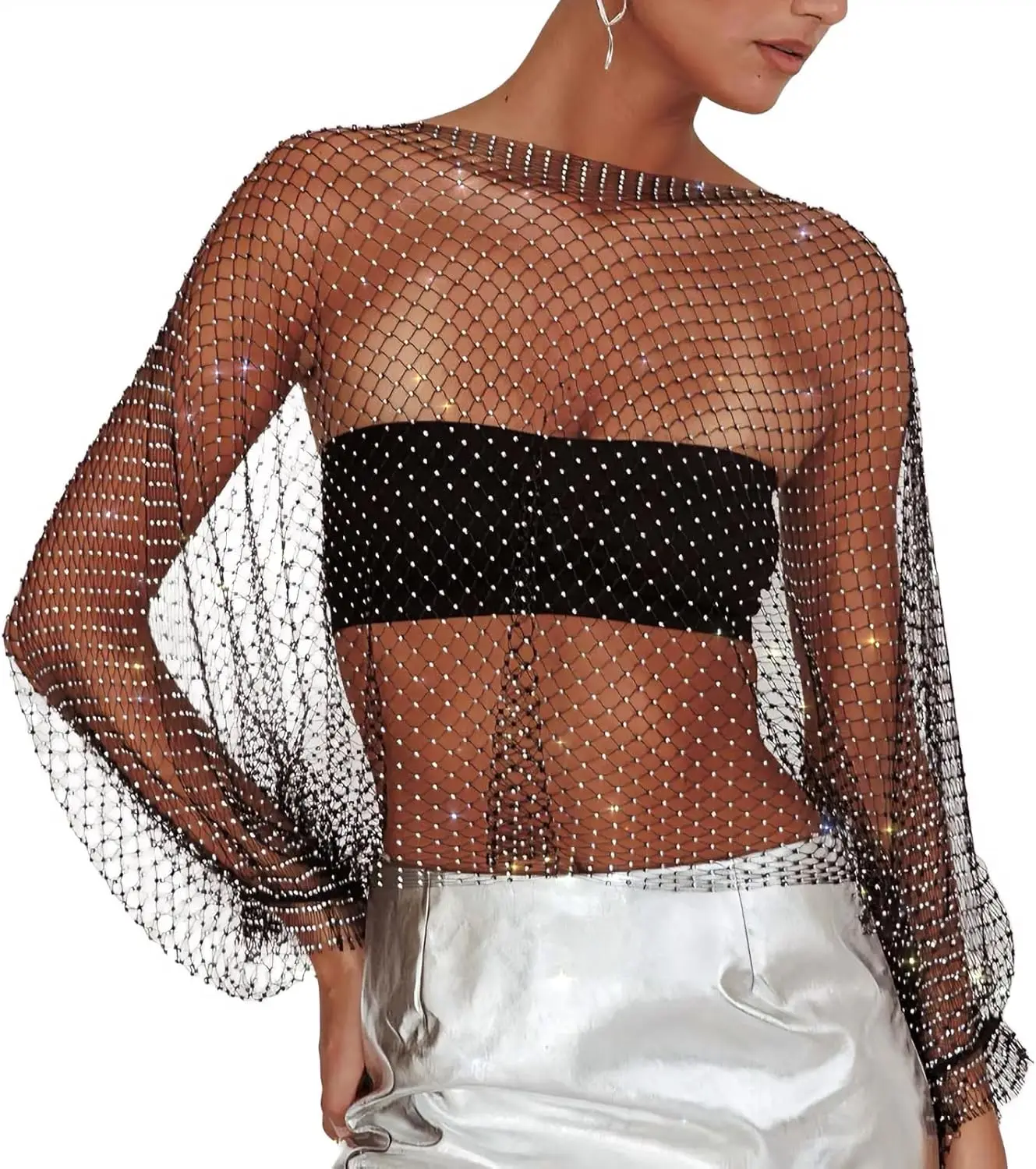 Women Rhinestone Crop Top Long Sleeve Fishnet Tops Bikini Cover Up for Concert Party Festival