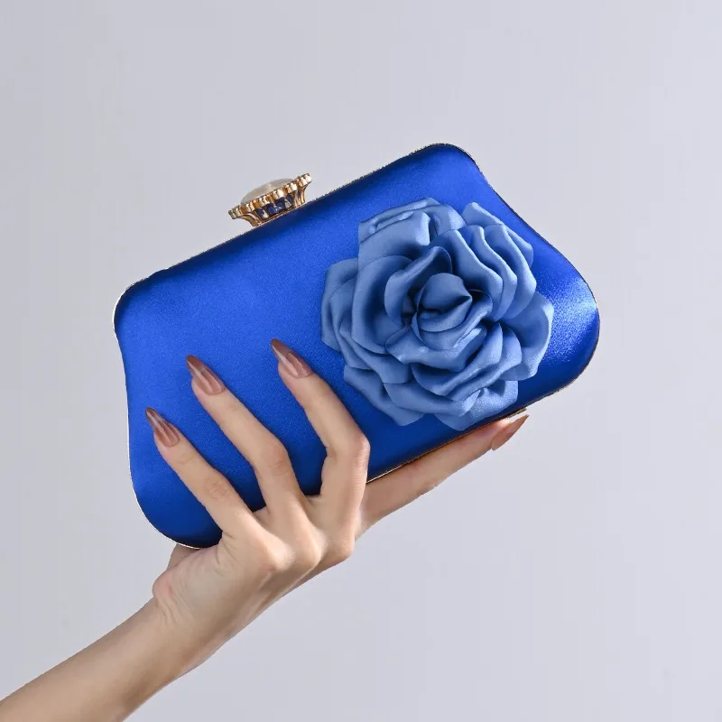 Silver Satin Clutch Bag Women's Vintage 3D Flower Royal Blue Hard Box Evening Purse Elegant Wedding Party Banquet Bridal Handbag