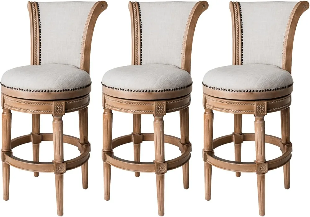 31 Inch Tall Bar Height Upholstered Barstool with Back in Weathered Oak Finish with Sand Color Fabric Cushion Seat, Set of 3