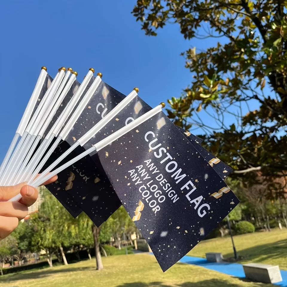 Custom Handheld Flag Personalized Photo Logo Text Mini Stick Flag with Plastic Pole for Parade Sports Team Event Party Decor