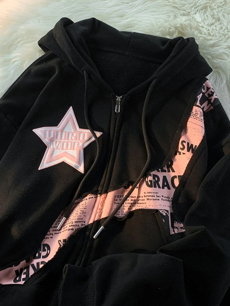 Kpop Hip Hop Sweatshirt Tops Zipper Jackets Coats Clothes Y2K Women Vintage Korean Streetwear Zip Up Star Hoodies Harajuku