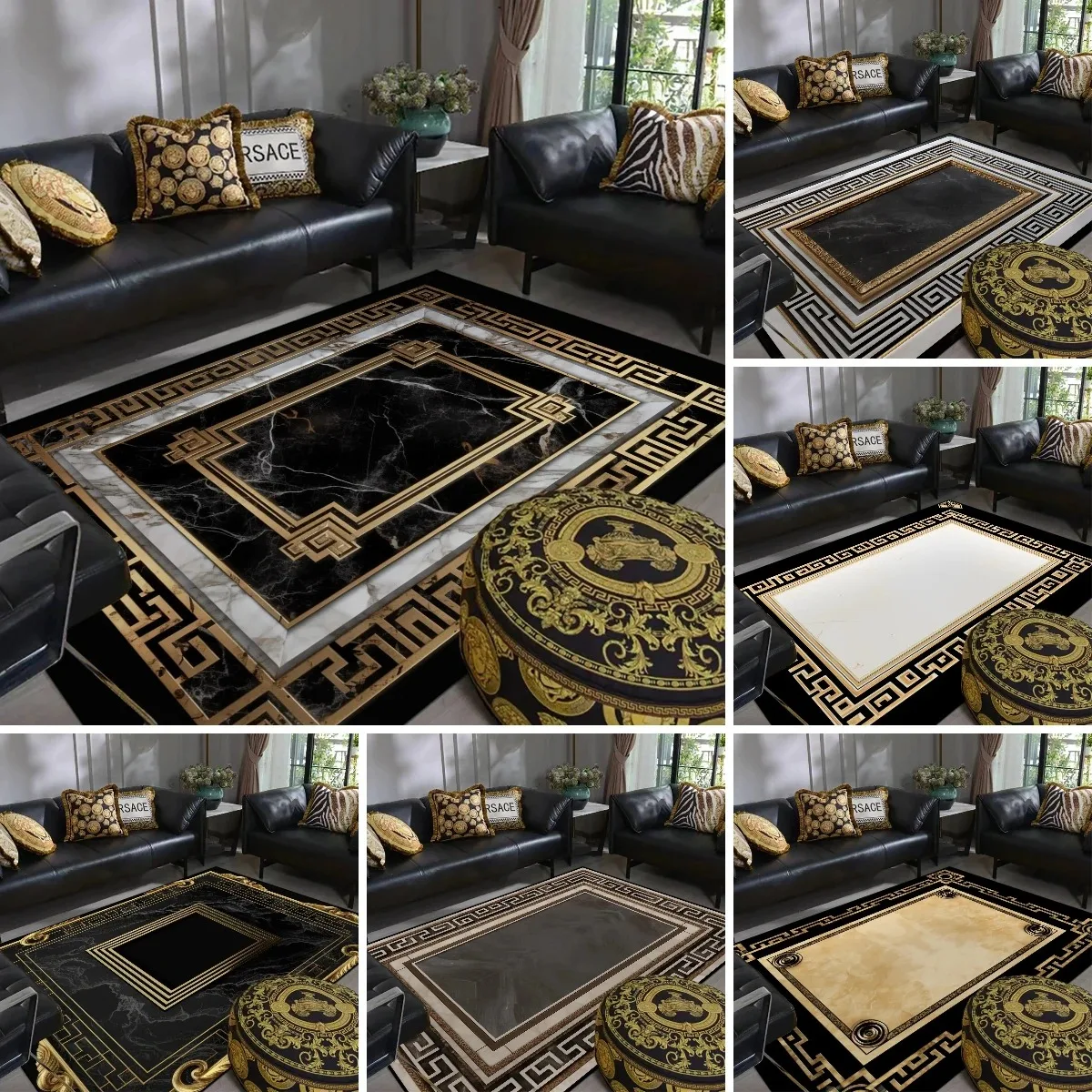 

Luxury Marble Black Gold Rug European Style For Living Room Bedroom Office Coffee Table Soft Non-Slip Mat