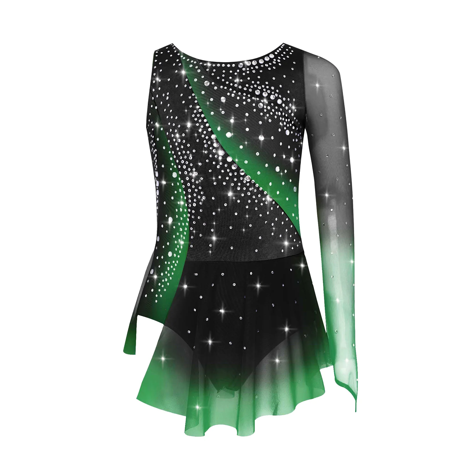 

Kids Girls Gymnastics Figure Skating Dress Asymmetrical Long Sleeve Split Shiny Rhinestones Contrast Color Lyrical Dance Dress