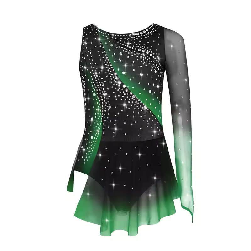 Kids Girls Figure Skating Rhythmic Gymnastics Leotard Dress Asymmetrical Split Shiny Rhinestones Contrast Color Dress Ballerina - Image 26