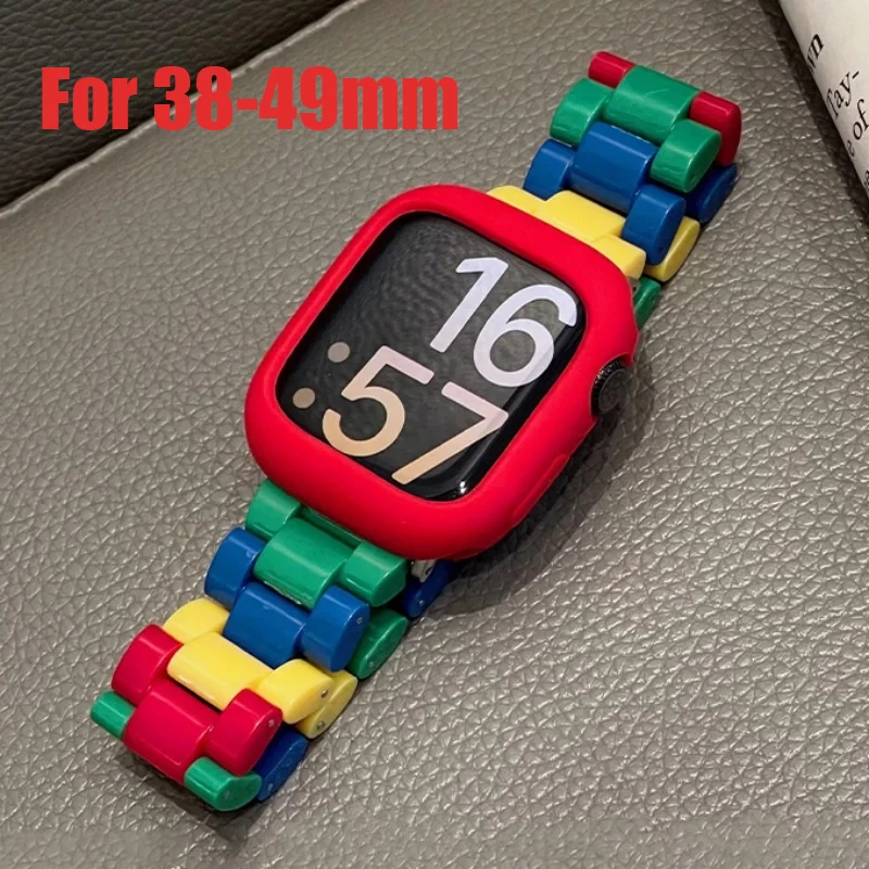 

Стильный ремешок из смолы ярких цветов + силиконовый чехол для Apple Watch 10 Ultra 9 8 7 6 SE, милый ремешок для iWatch 41 мм 46 мм 49 45 40 42