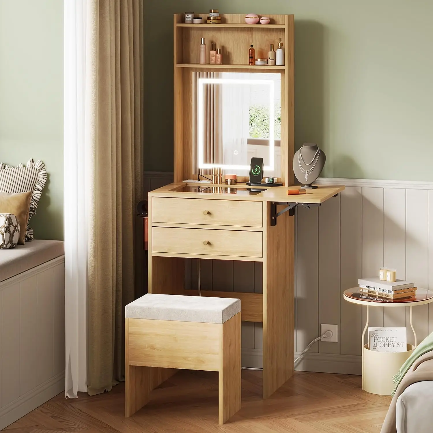 Small Vanity Desk with Mirror & Lights, 2 Drawers, Fold-up Panel & Chair, Charging Station for Bedroom, Natural Oak, Custom