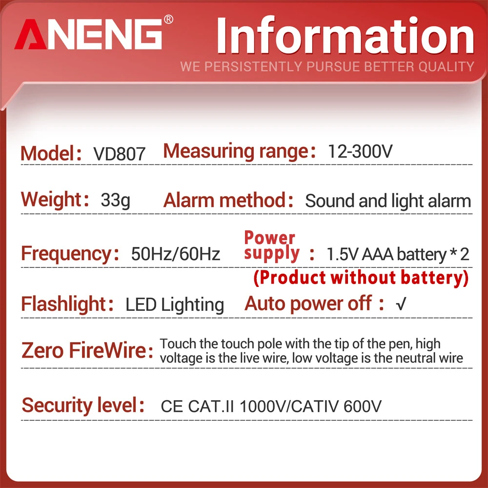 ANENG 한 단어 유도 테스터, 휴대용 스마트 전기 펜, NCV 센서, 비접촉 와이어 감지기 도구, 50Hz, 60Hz, AC 12-300V, VD807