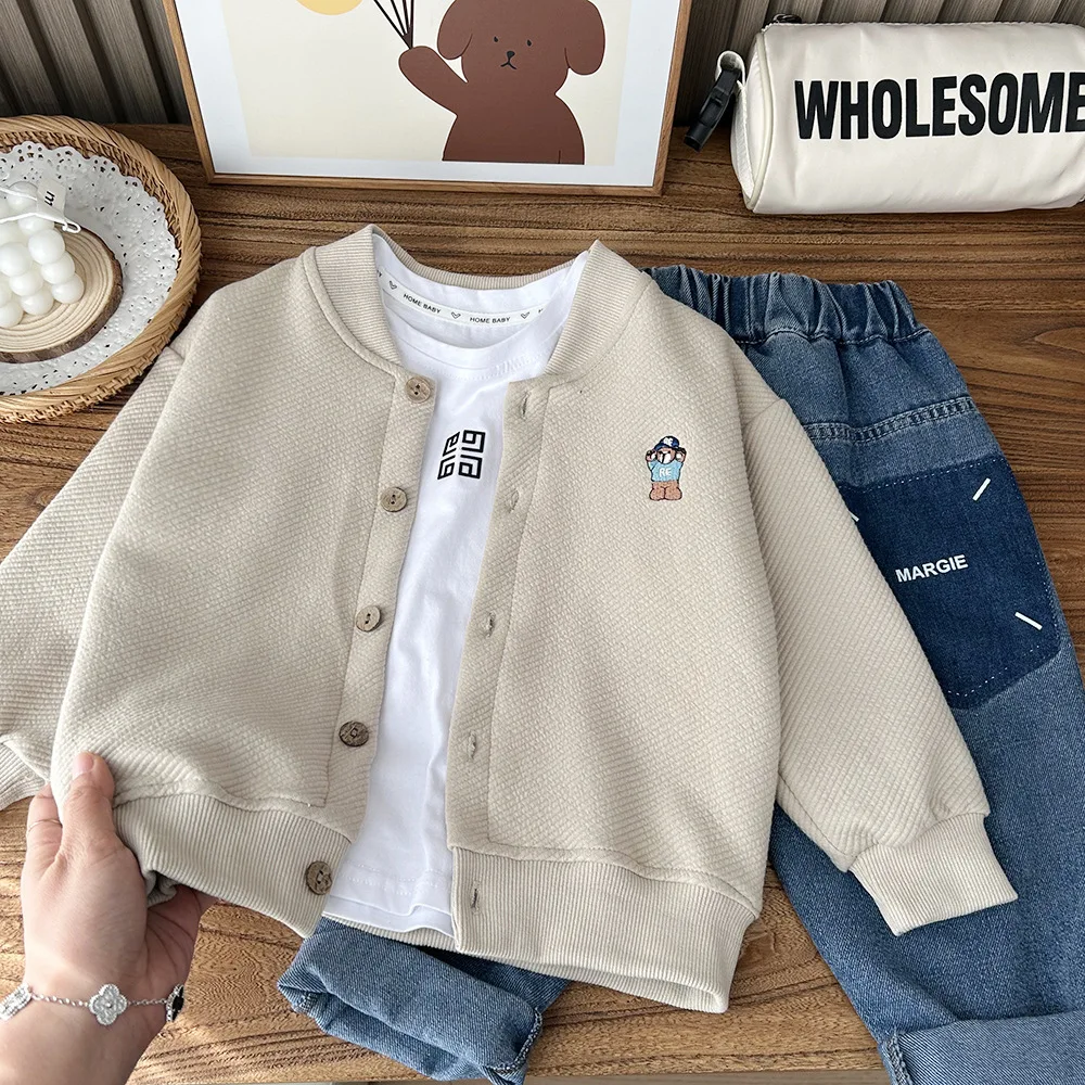 Children\'s knitted cardigan small jacket 2024 Spring and Autumn Mid size boys loose casual baseball jacket top