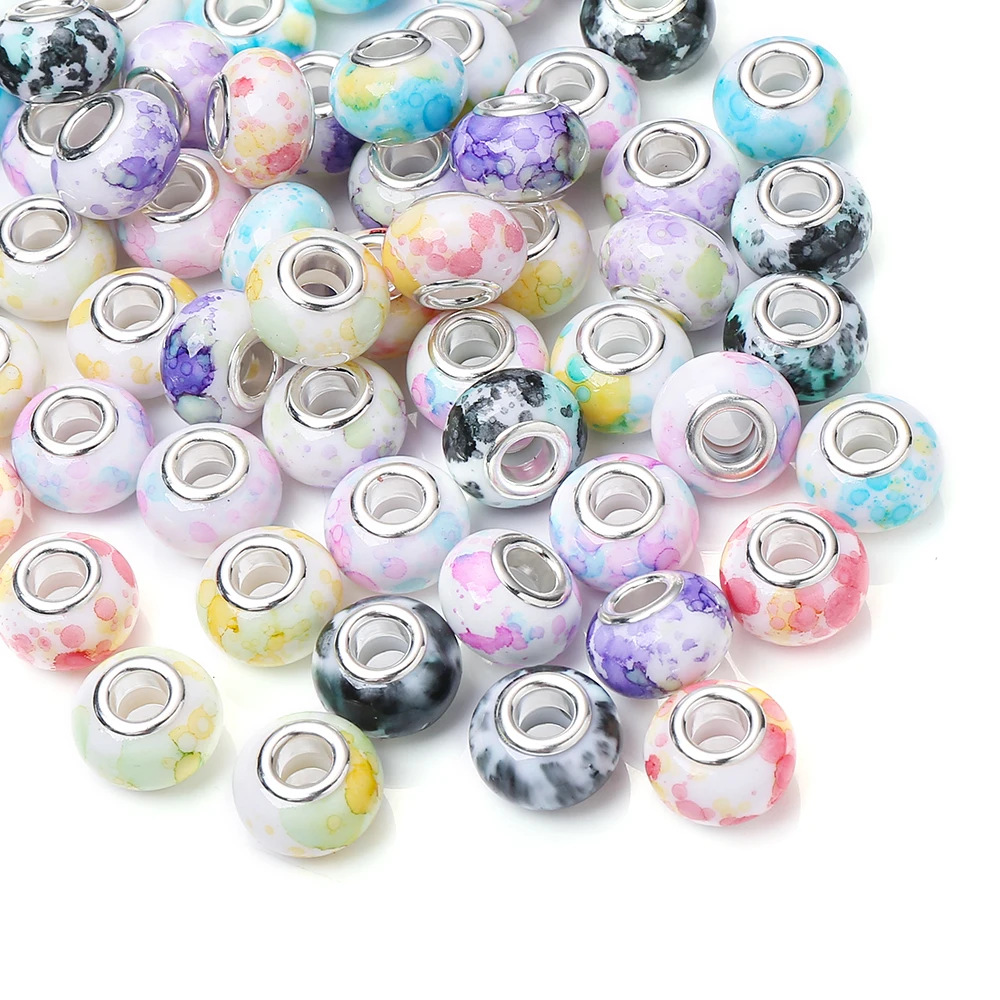 50Pcs Colorful Big Hole Acrylic Beads 14mm Round Flower Print Loose Bead Diy Bracelet Necklace Accessories for Jewelry Making