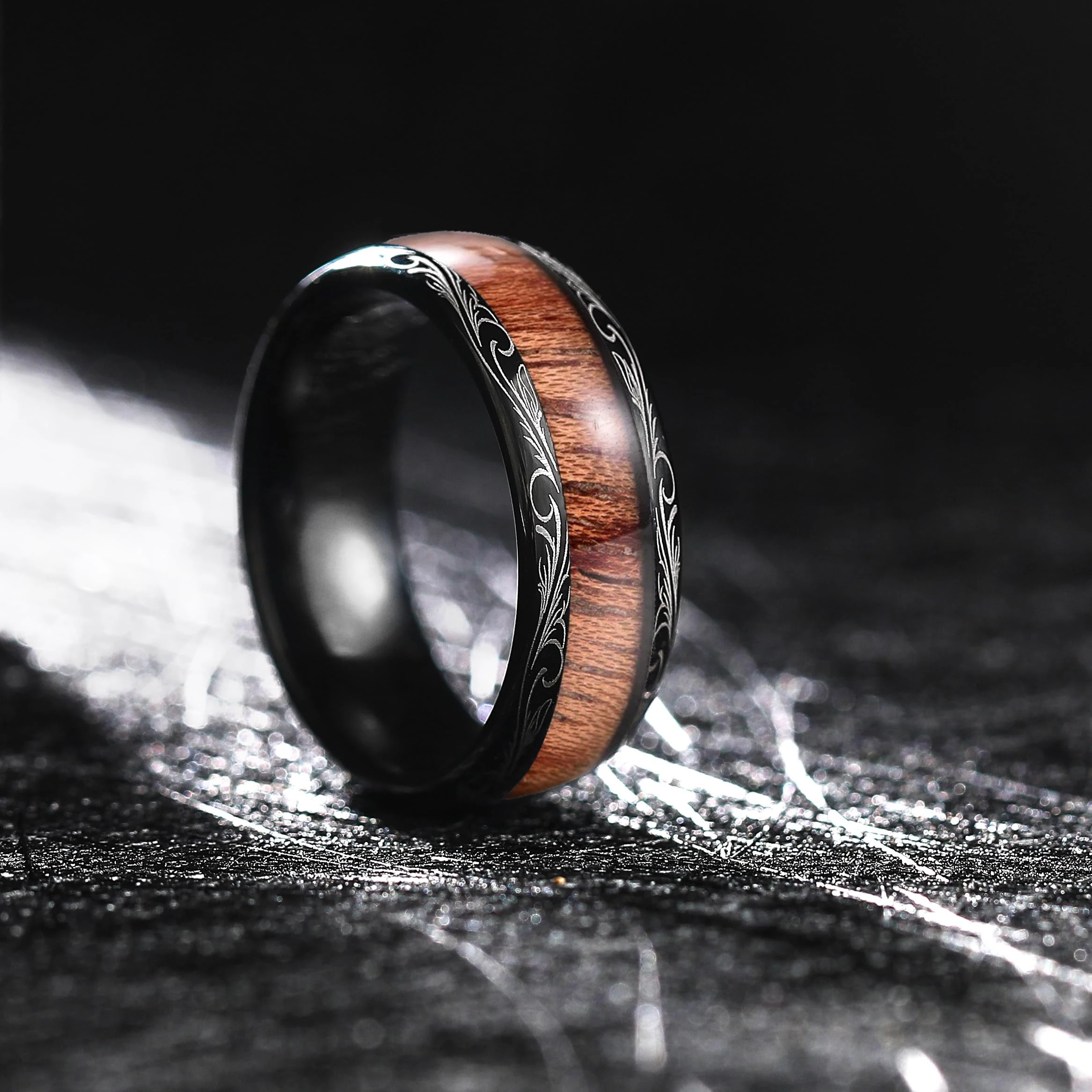 Fashion 8MM Black Stainless Steel Rings For Men Women Domed Koa Wood Inlay Men Rings Wedding Engagement Jewelry Gift