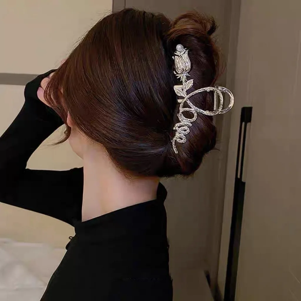 

Tulip Rose Reversible Hair Clip Women's Back of the Head Metallic Silver Grab Clip Temperament Fashion Hair Accessories