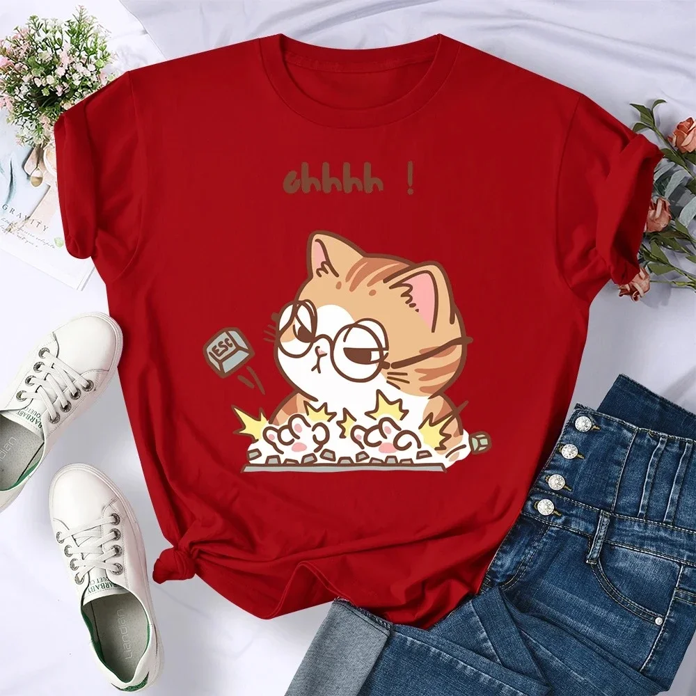 Camiseta mit Estampado de Ucus Animados für DamenTop Ucado und Suave mit Cuello Redondo Ropa informelles Crazy Cat Typing