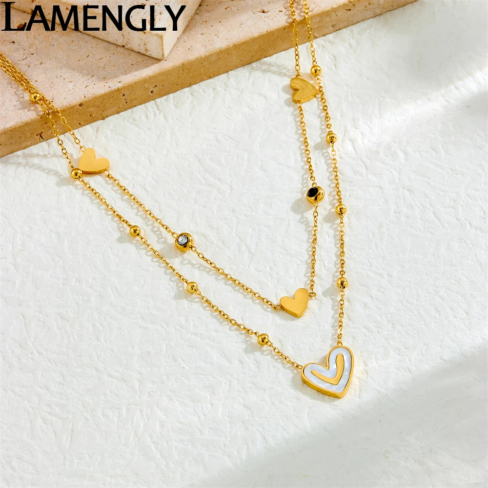 LAMENGLY316L Stainless Steel Shell Heart Shaped Double-Layer Pendant Necklace For Women Girl Exquisite Non-Fading Clavicle Chain