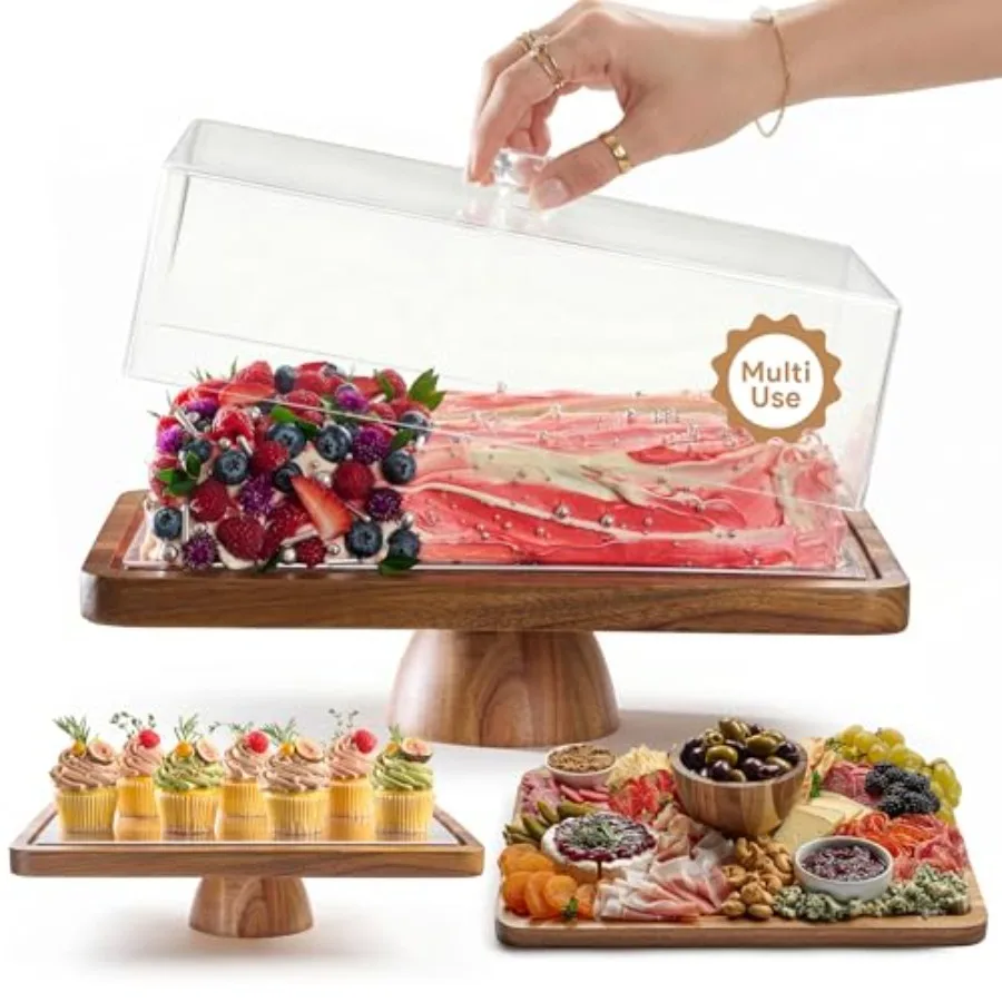 Acacia Wood Cake Stand with Lid for Dessert Display, Natural Color, 2-in-1 Charcuterie Board, 17x13 Inches, Food-Safe and Eco-F
