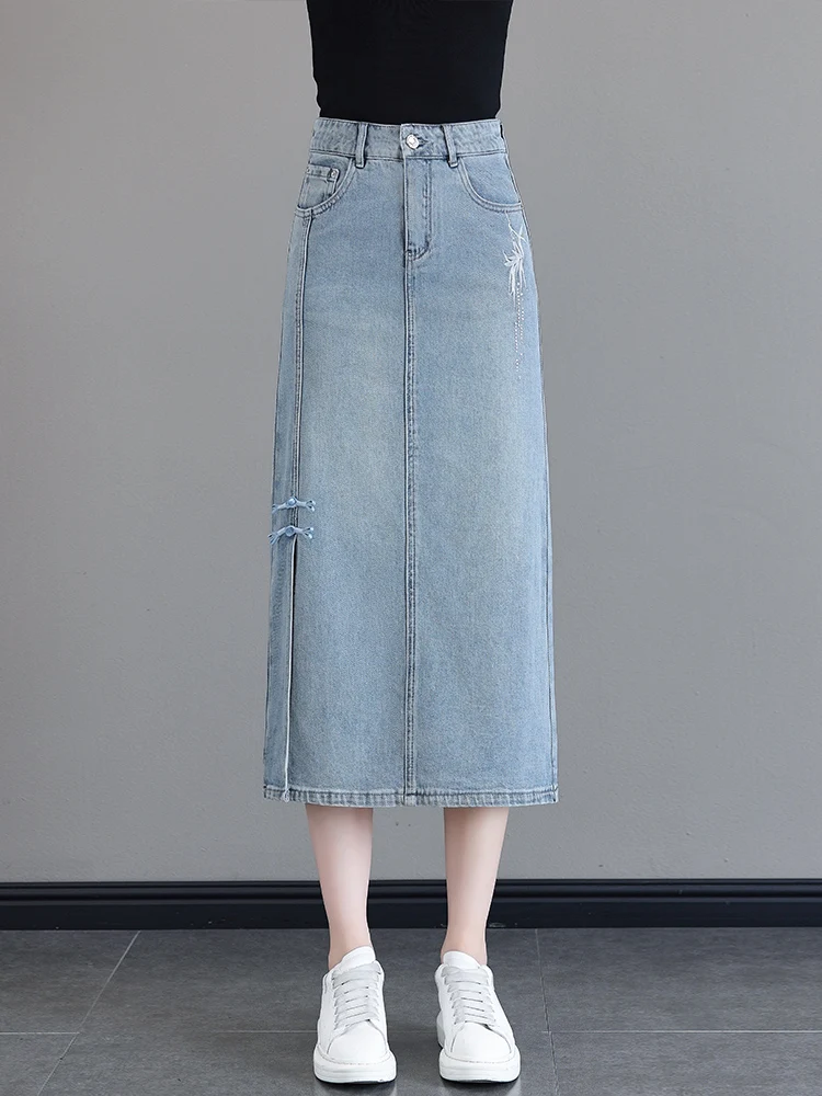 

Elegant Embroidered High Waist Slit Denim Skirt Women's Summer Thin New Style Korean Straight Cut Bodycon Skirt