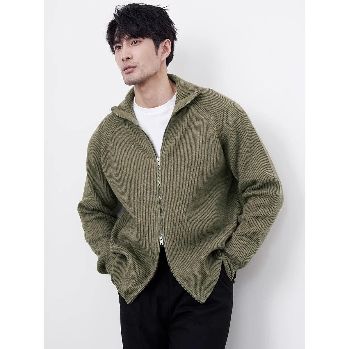 

KARINO Men's Casual Knitted Cardigan Sweater Double Zipper Collar Autumn Winter Versatile Leisure Outerwear Polyester Fiber