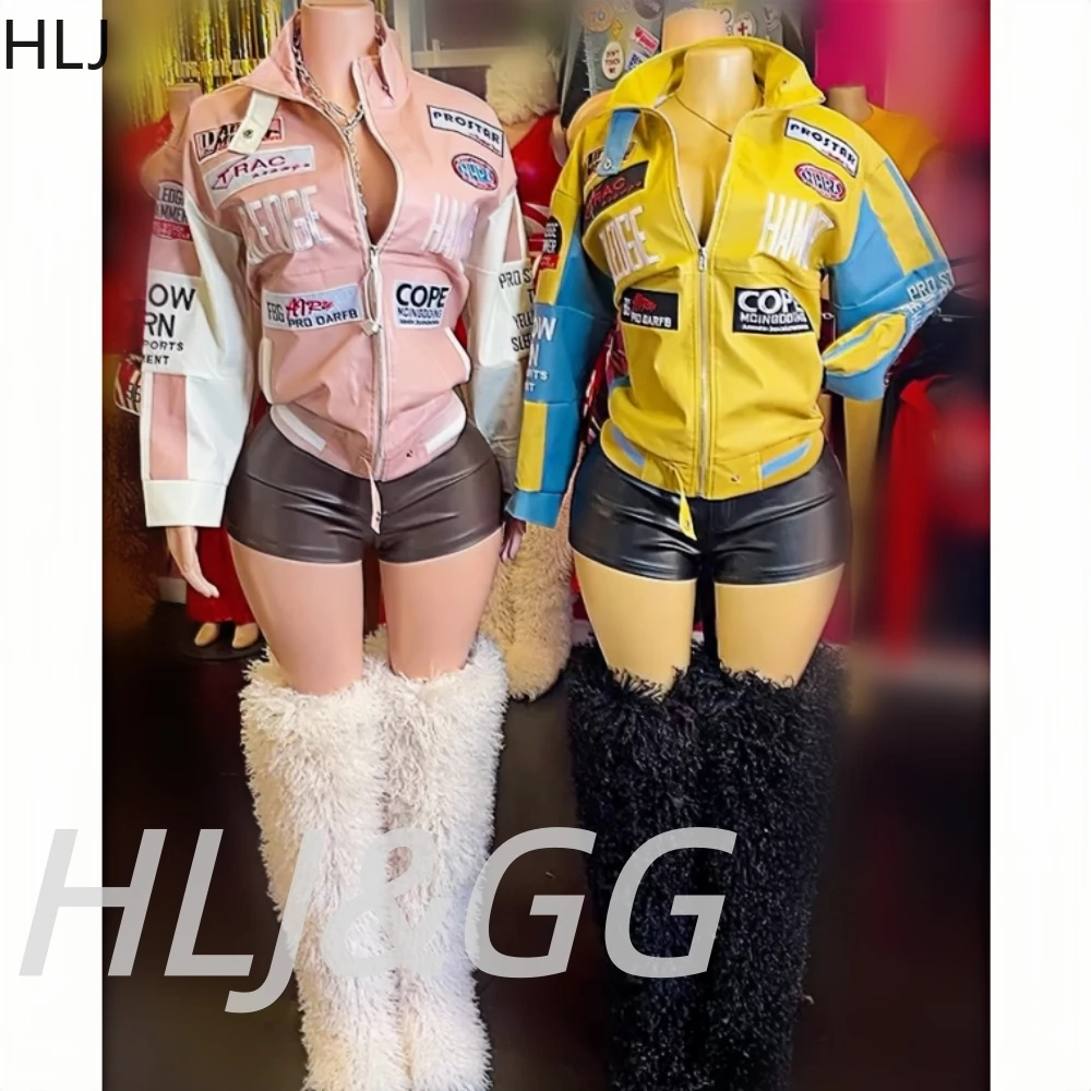 

HLJ American Retro Y2K Letter Print Leather Biker Jacket Two Piece Sets Women Zipper Long Sleeve Top + Shorts Outfits Streetwear