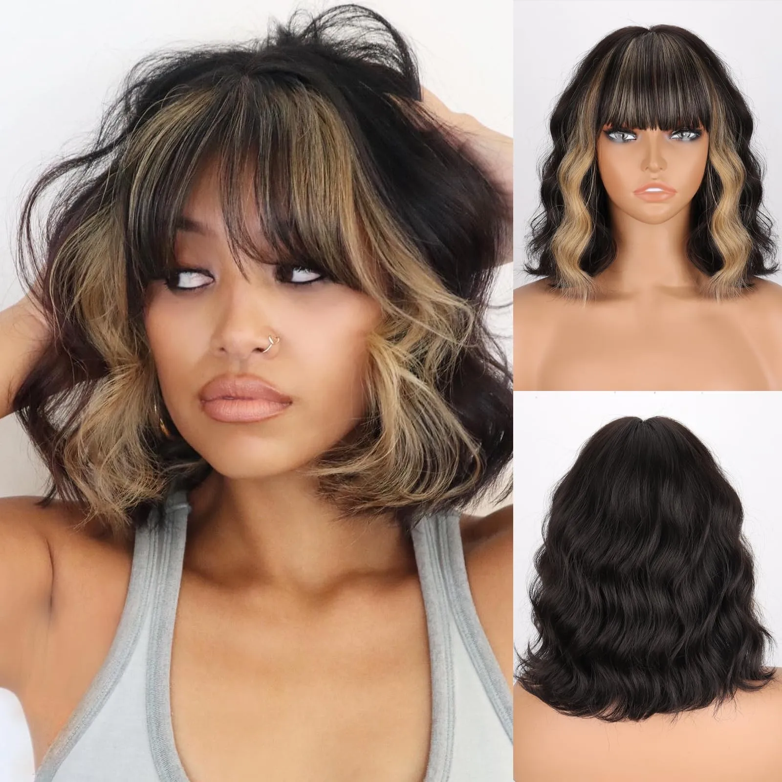 

Black Blonde Wig with Bangs Short Highlights Curly Wig Heat Resistant Synthet...