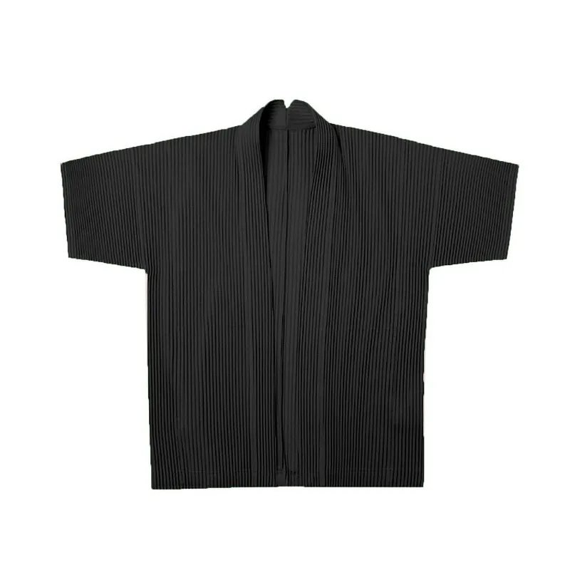 

Miyake Pleated Men’s Tops Japanese Style Kimono Short Sleeve Suit Jacket Loose Fit Summer Outerwear Casual Open Front Coat Men
