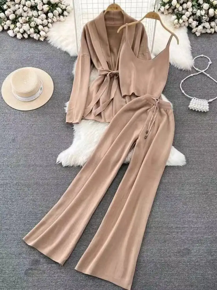 

Women Streetwear Three Piece Suit Korean Long Sleeved V-neck Knitted Jacket Sleeveless Vest High Waist Wide Leg Pants Tracksuits