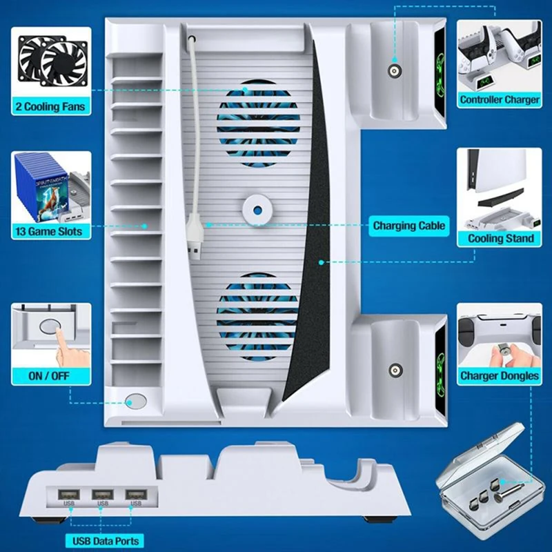 For PS5 Accessories Vertical Cooling Fan Stand For PS5 Dual Controller Charger Fast LED Charging Station For PS5