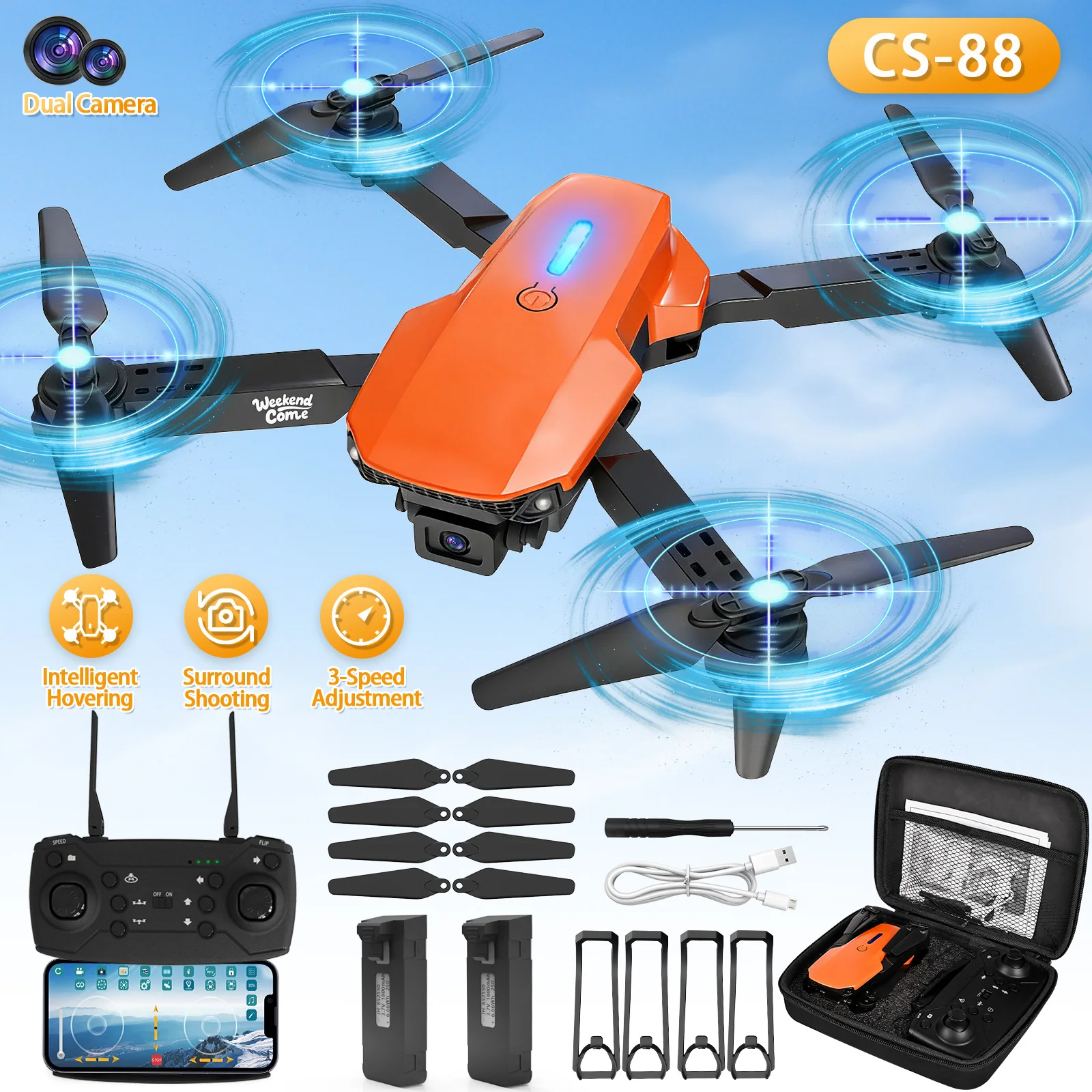 Orange Drone, High-Definition Camera, Equipped with 1/2/3/4 Batteries, Foldable Quadcopter, Long Flight Time, LED Lights, Equipped with Maintenance Tools and Spare Propellers, Suitable for Beginners'