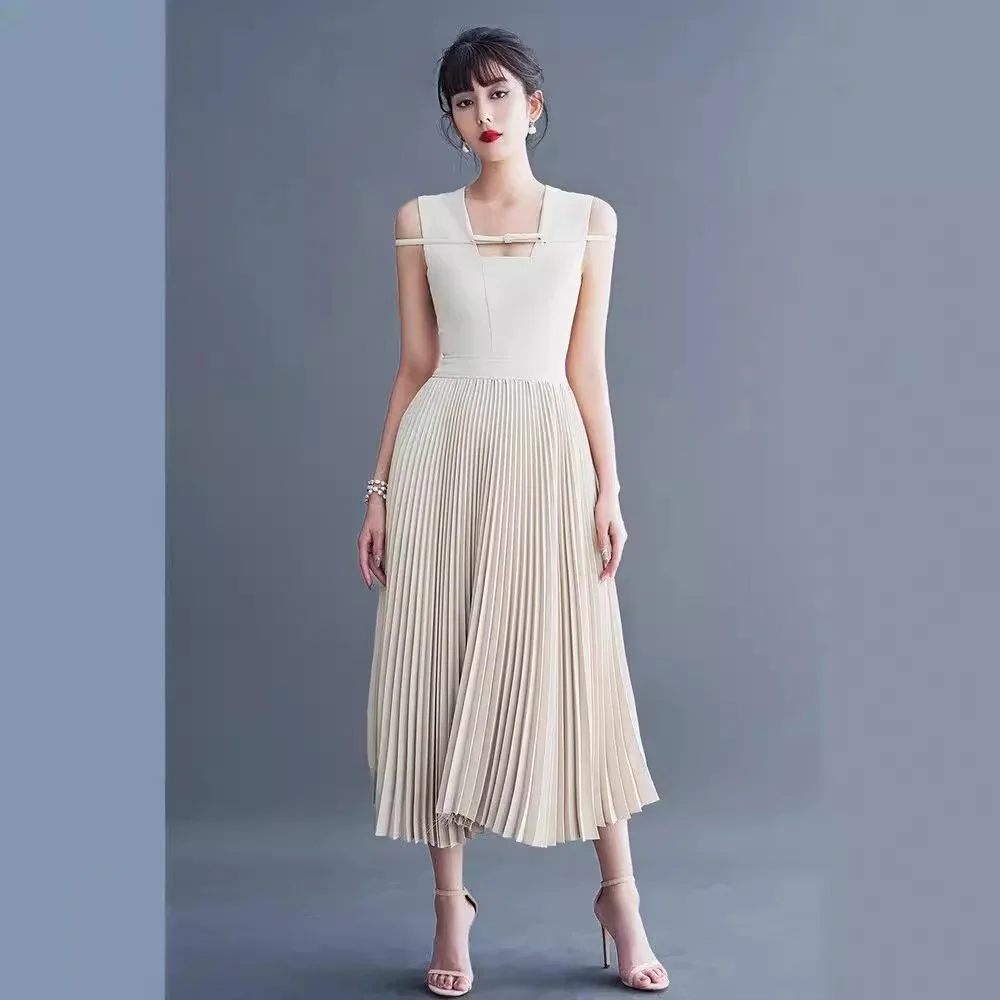 

2024 summer clothing for women Square collar sleeveless Pleated Long Dress vestido midi talla grande