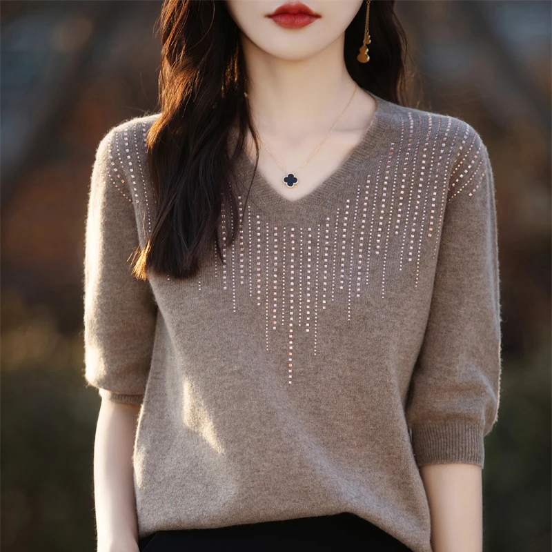 2024 Spring and Summer New Diamond inlay Cashmere Sweater Ladies Pullover Half-sleeved Knitted Cashmere Sweater Thin Casual Top
