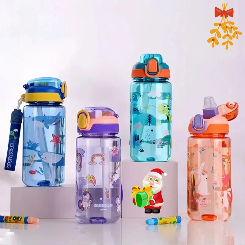 

*-*Dinosaur Kids Water Bottle 600ML - Leakproof Plastic with Silicone Straw, Ideal Holiday Birthday Gift for Boys Girls