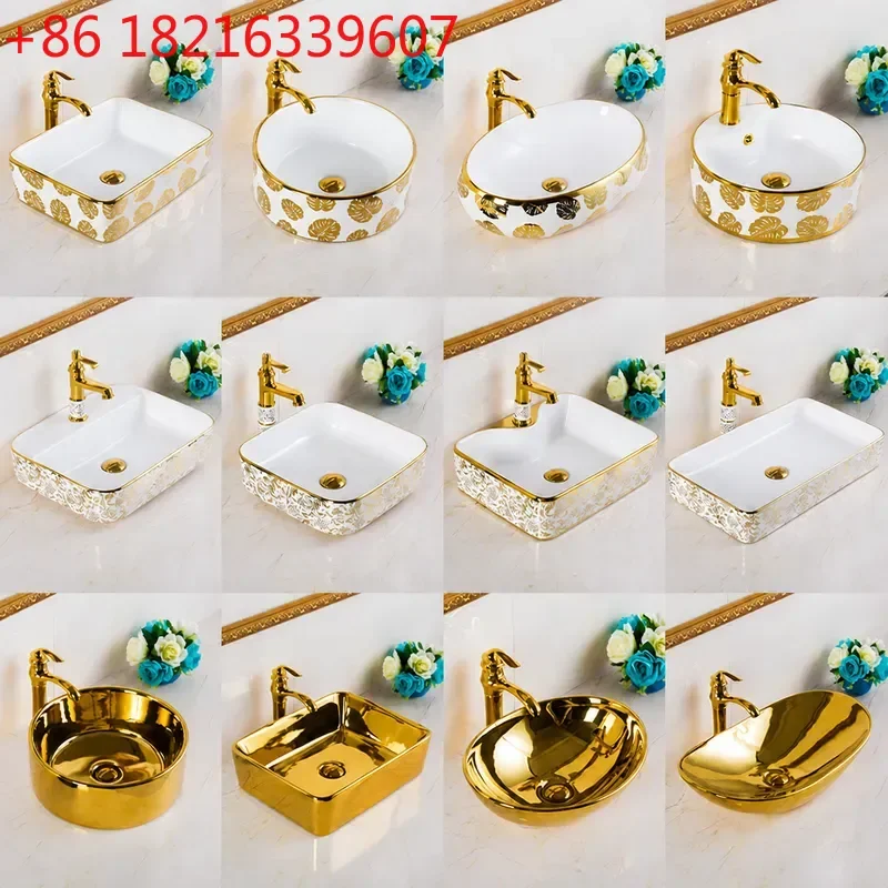 YAO Simple Ceramic Washbasin Rectangular Countertop Basin Gold Bathroom Sink with Creative Faucet for Hotel Home Decor