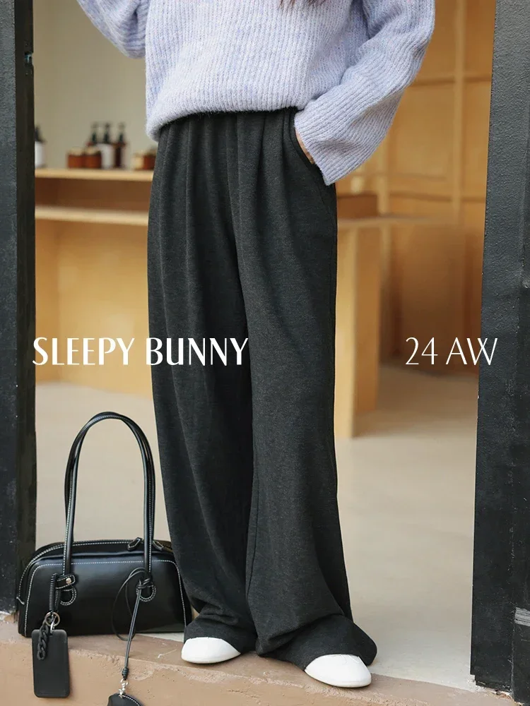 

Spring High Waist Wide Leg Pants Women Elegant Faux Cashmere Loose Fit Elastic Waist Chic Casual Black Long Flowing Trousers