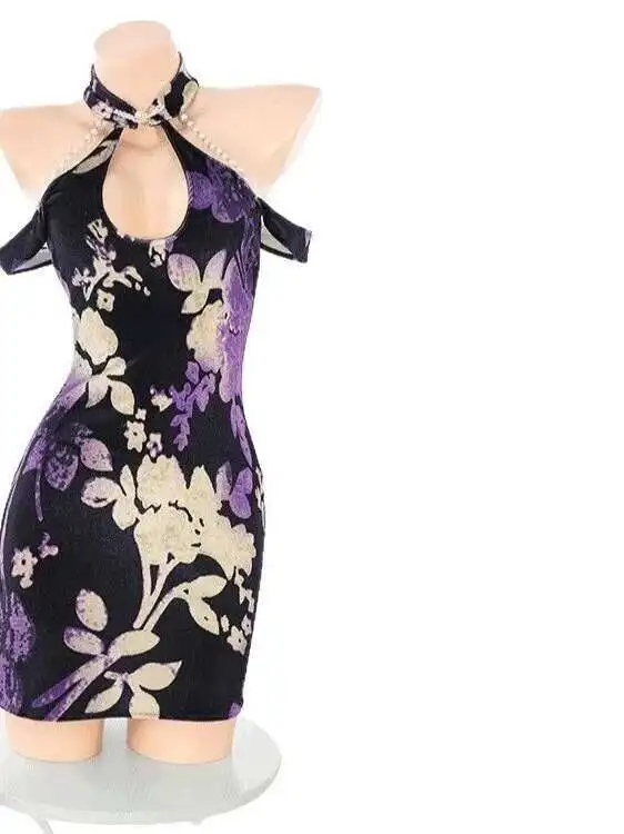Flower Print Wild Rose Purple Deep V Midnight Charming Pearl Conjoined Cheongsam Hollow Perspective Sexy Sleeveless Dress DJ1M