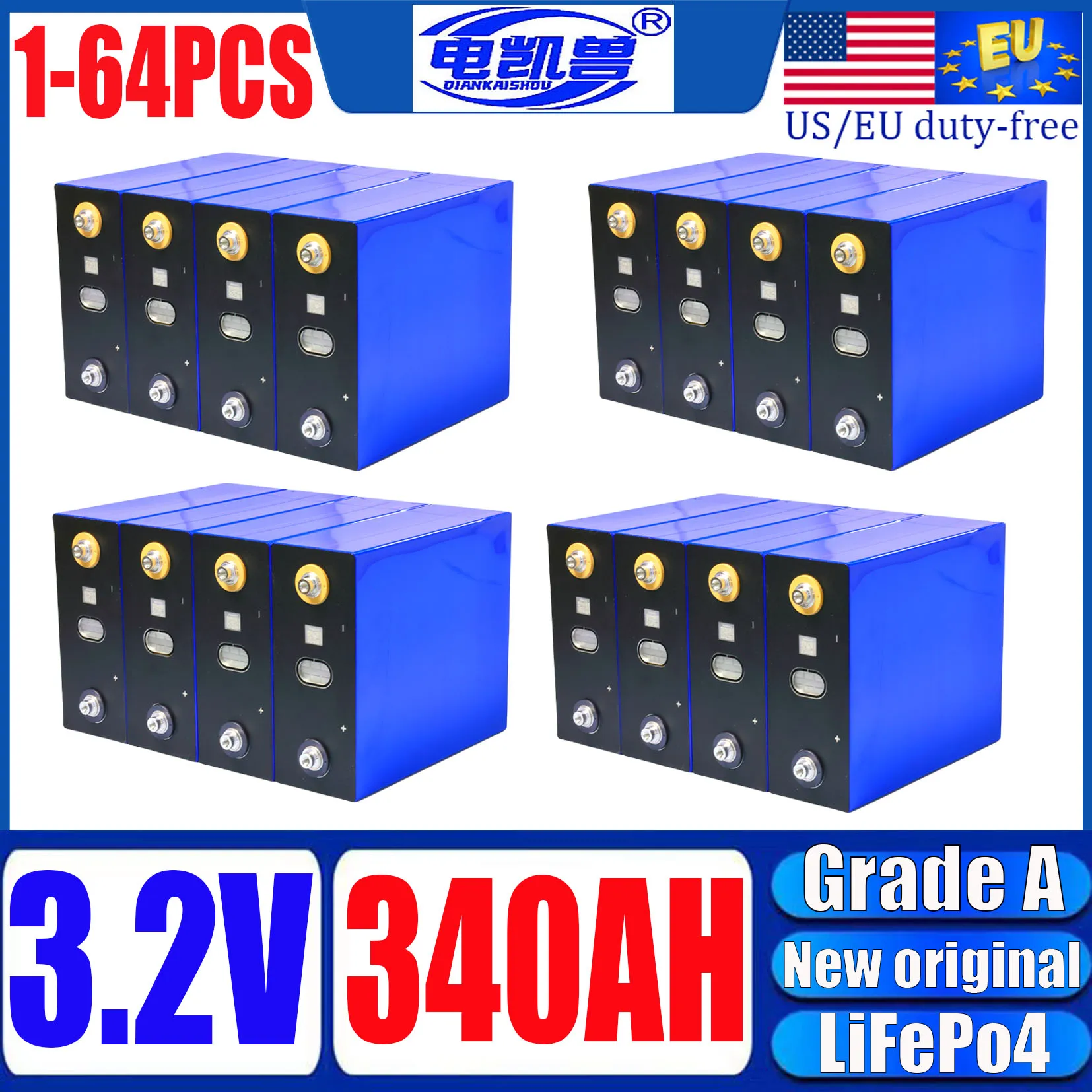 

New 3.2V 340AH Lifepo4 Battery 3C 10000 Cycle DIY 12V 24V 48V EV Lithium Iron Phosphate RV Solar Rechargeable Battery Duty Free