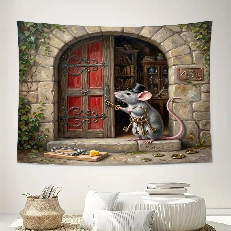 Decorative Sheer Curtain Backdrop Art Panel Gothic Academia Style Mystery Mouse Print Room Divider Window House Wall Hanging Tap