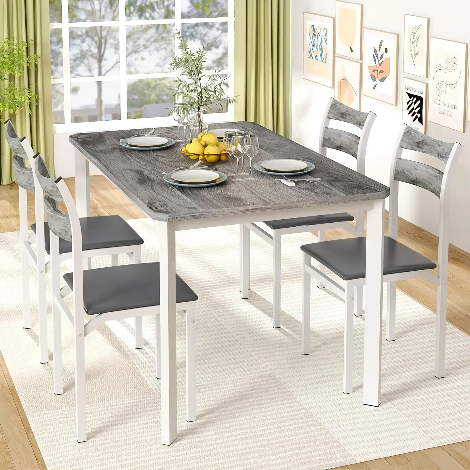 

Dining Table Set for 4, 43.3" Dining Room Table with 4 Upholstered PU Leather Chairs, Modern Wood Kitchen Table and Chairs Set