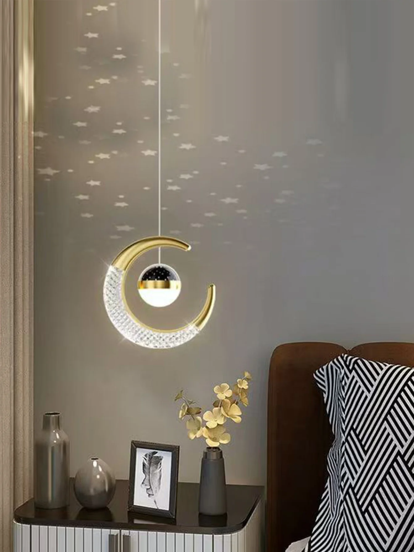 Image 6: Plafonnier LED créatif avec étoiles de lune plafonniers Asile modernes or/noir atmosphère plafond suspension lampe Loft éclairage
