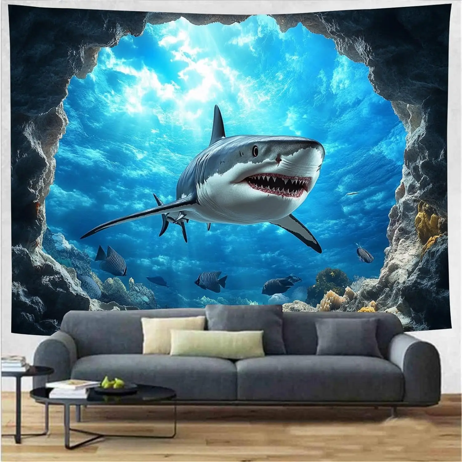 Blue Ocean Shark Tapestry – Tropical Fish & Coral in Sunlit Deep Abyss for Bedroom, Living Room or Kids’ Party Decor
