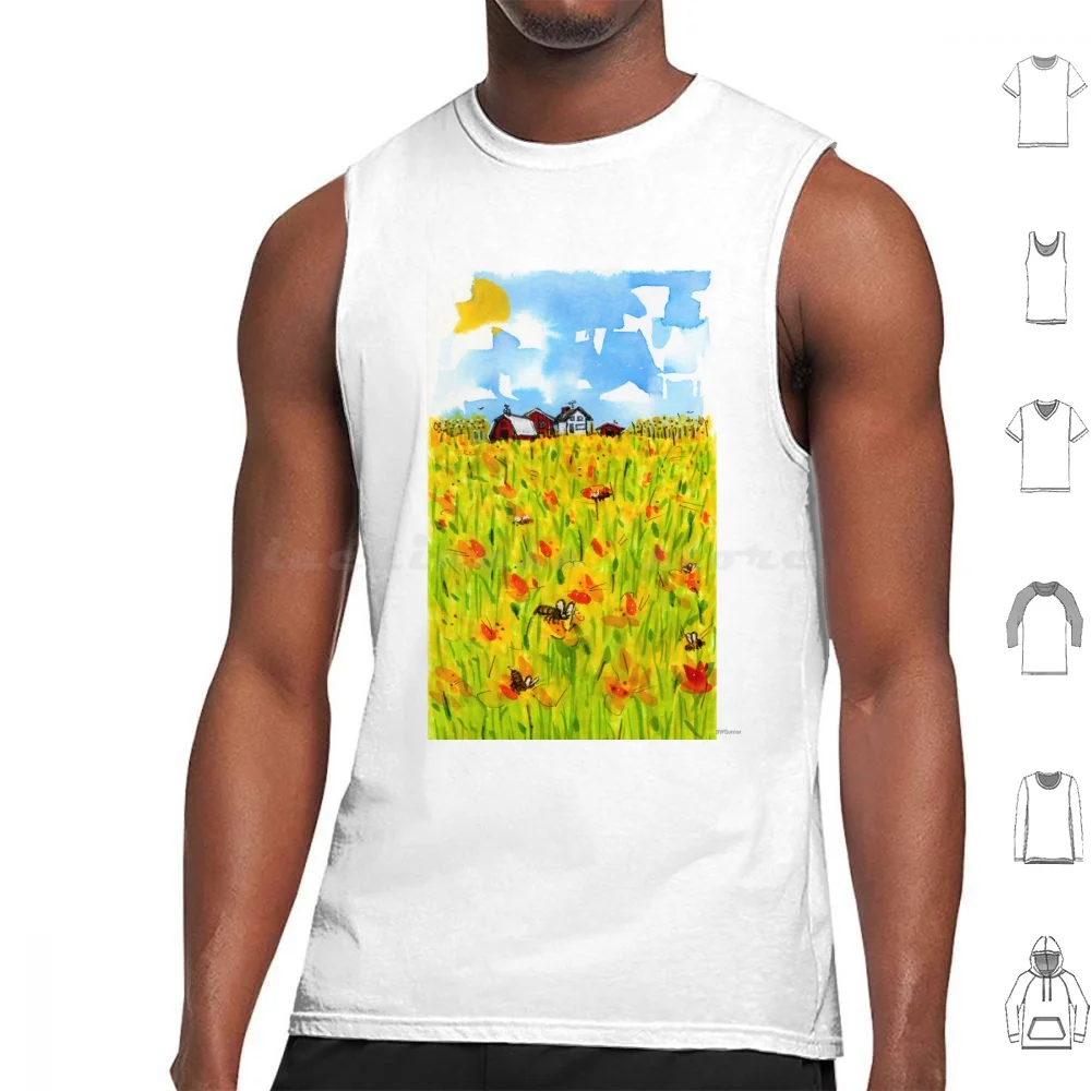 Beautiful Farm Scene With Bees Barn And Yellow Orange And Red Flowers Tank Tops Print Cotton Blue Sky Sunshine Farm Barn