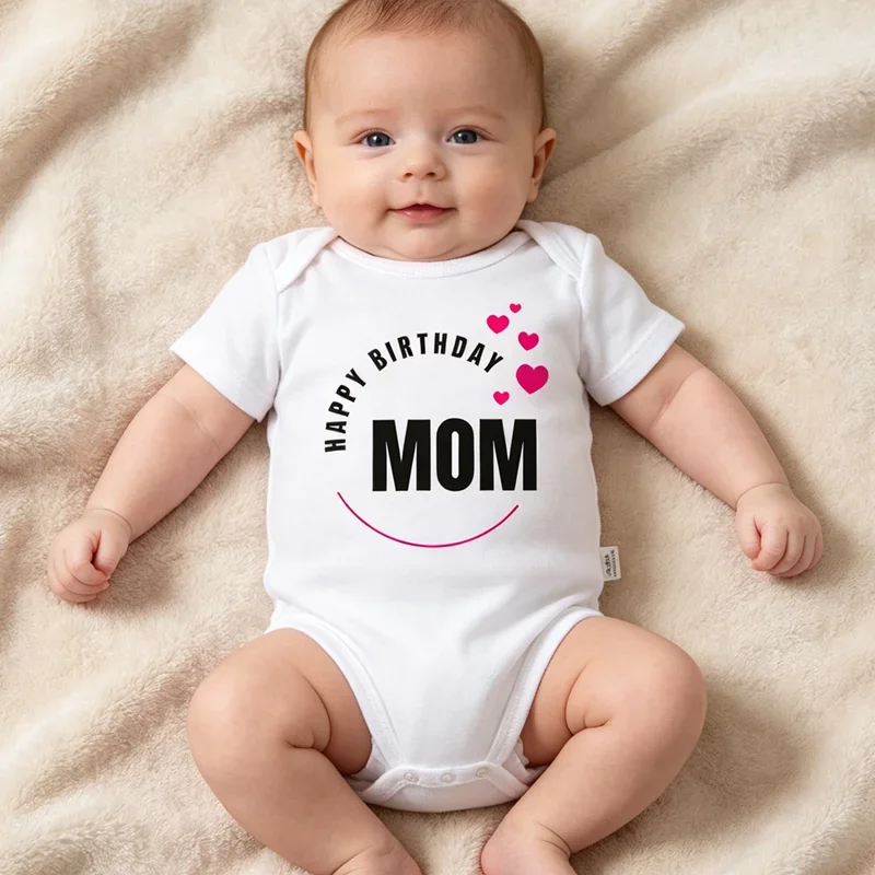 Baby Short Sleeve Onesie Happy Birthday Mom Letter Print Soft Cotton Infant Bodysuit Cute Heart Graphic Newborn Gift Romper