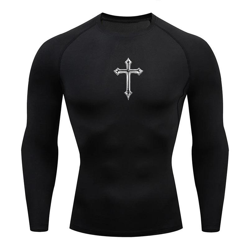 Men's cross printed compression Christian sports T-shirt gym T-shirt, training, running, baseball uniform rash protection cover