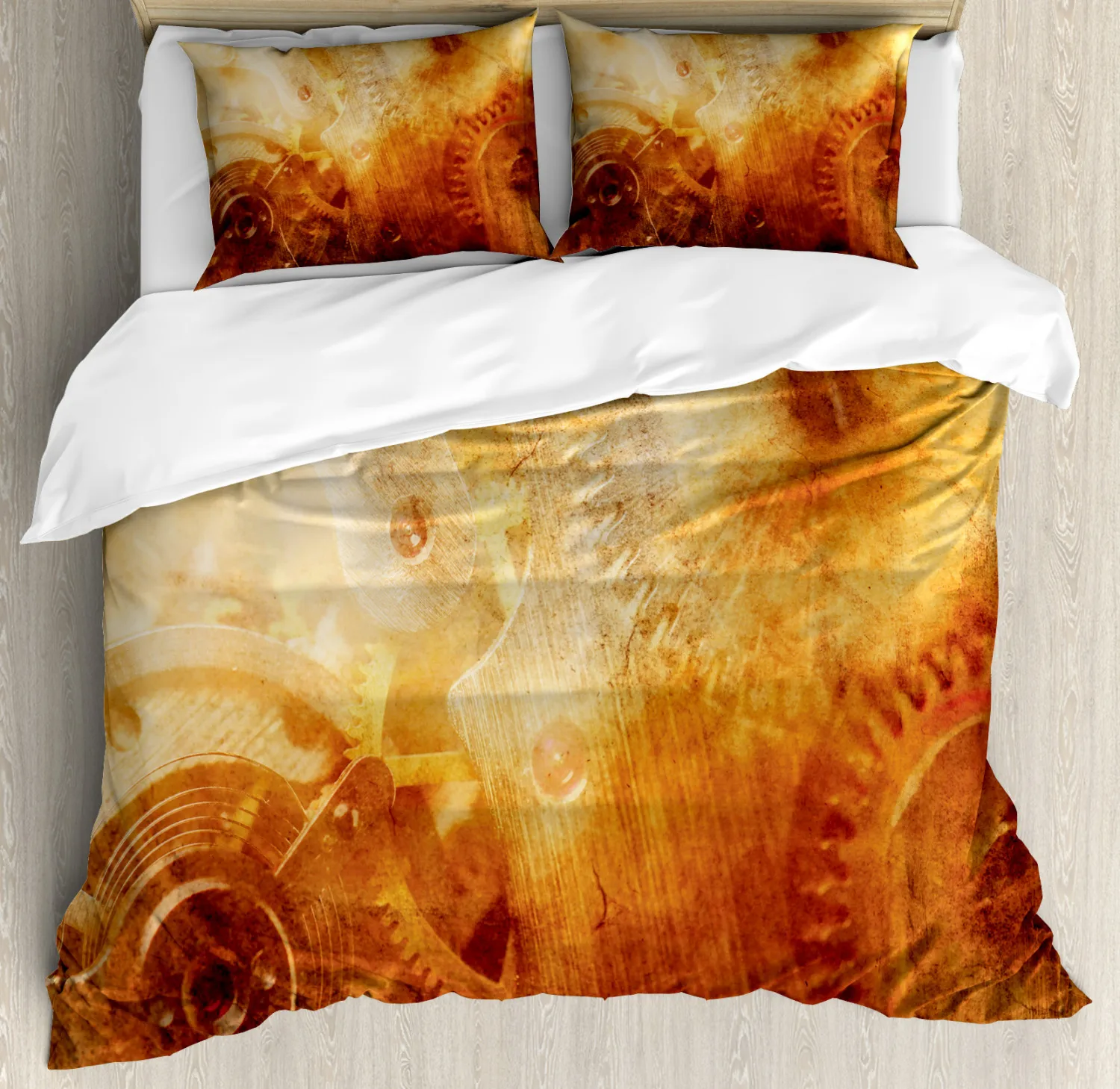 Industrial Duvet Cover Set King Size,Ancient Machinery Mechanism Steampunk Style Polyester Bedding Set 1/2 Pillow Shams Orange